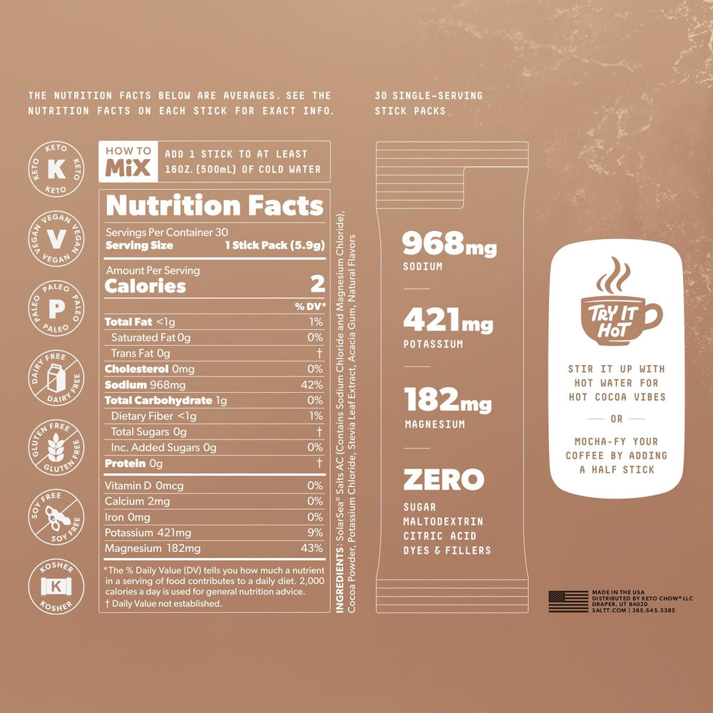 Keto Chow SALTT Cocoa back label highlights vegan, sugar-free electrolyte balance.