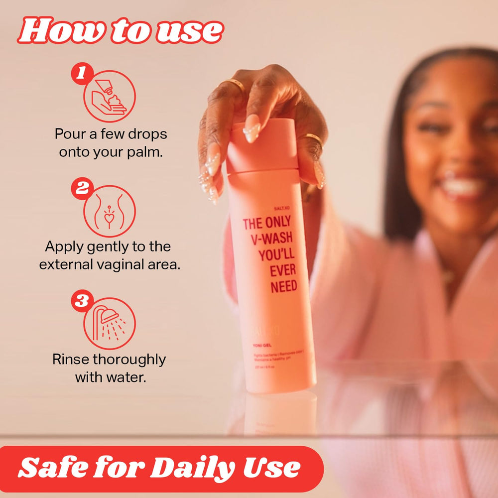 SALT.XO label highlights free-from parabens and sulfates for gentle cleansing