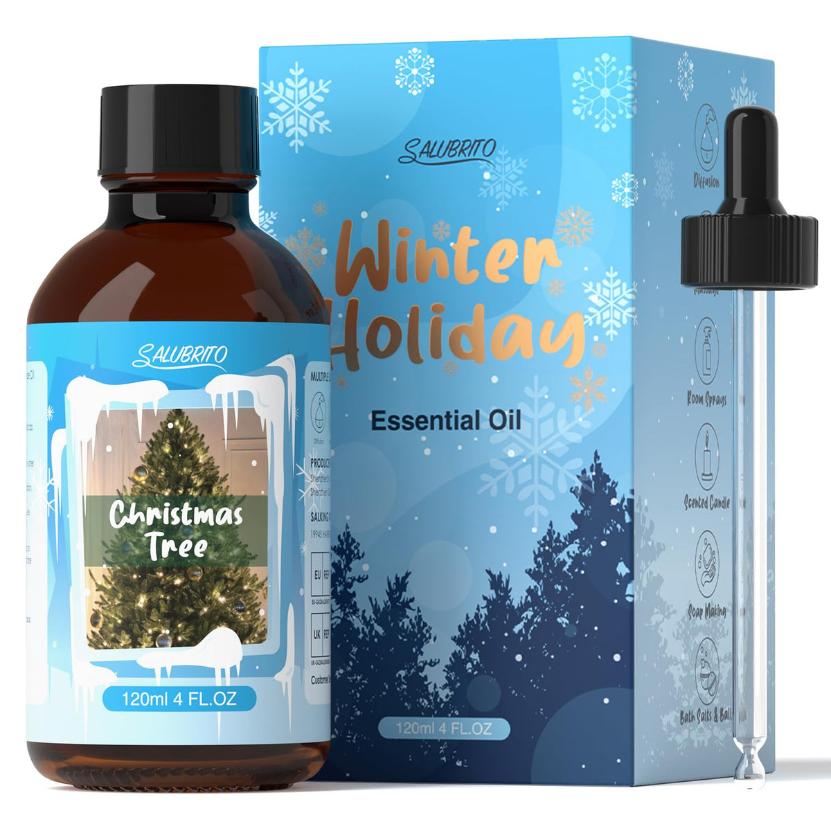 Salubrito Christmas Tree Oil bottle releasing a rich evergreen aroma for diffusers.