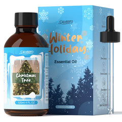 Salubrito Christmas Tree Oil bottle releasing a rich evergreen aroma for diffusers.