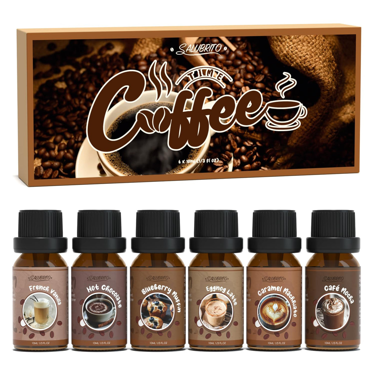 Salubrito coffee fragrance oils set in diffuser context for cozy cafe vibes