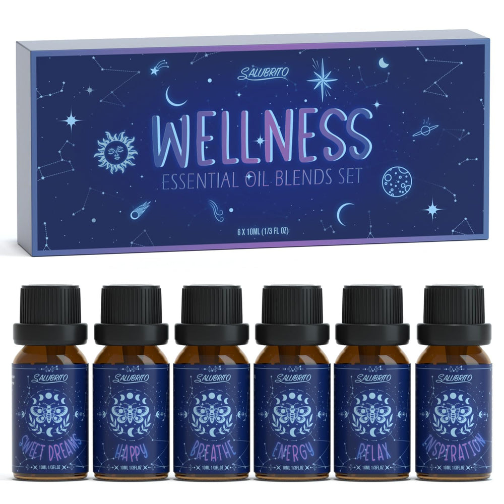 Salubrito essential oil set packaging, gift-ready presentation for home wellness