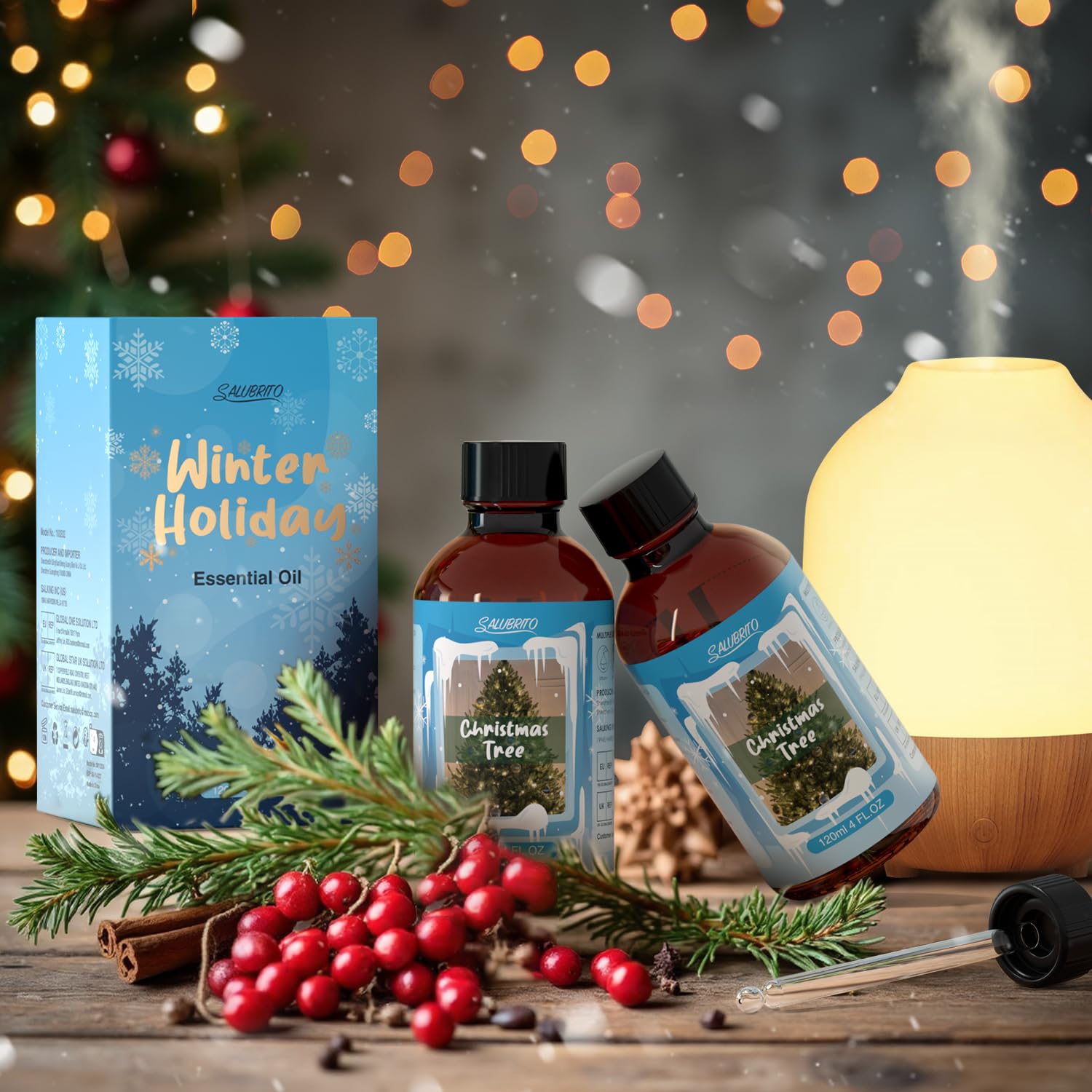 Gift-ready Salubrito packaging accompanying the Christmas Tree Oil for loved ones.