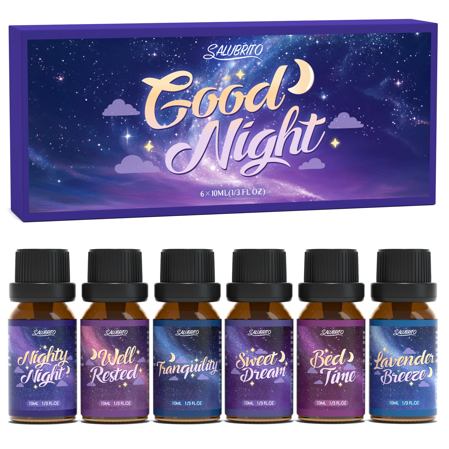 Salubrito Good Night oil bottle for diffuser use and cozy nighttime ambiance.