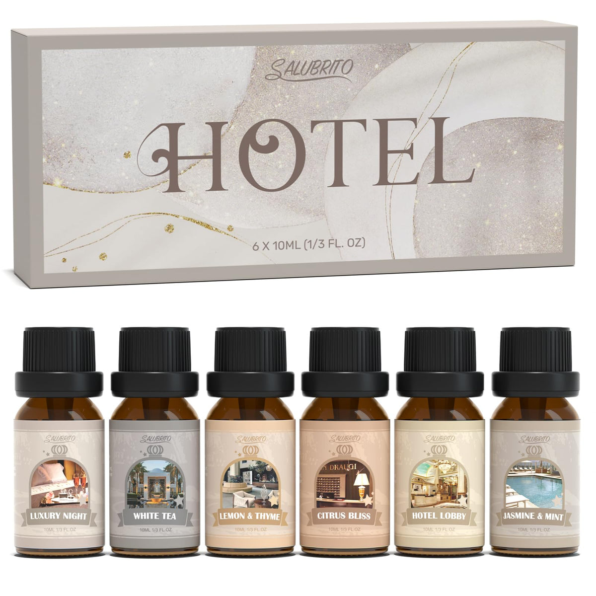 Salubrito hotel fragrance oils in bottles for diffusers create inviting entry ambiance.