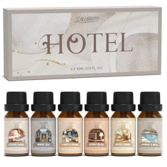 Salubrito hotel fragrance oils in bottles for diffusers create inviting entry ambiance.