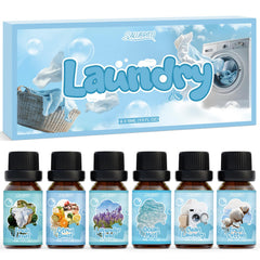 Salubrito laundry fragrance oil set shown with six scents for lasting freshness