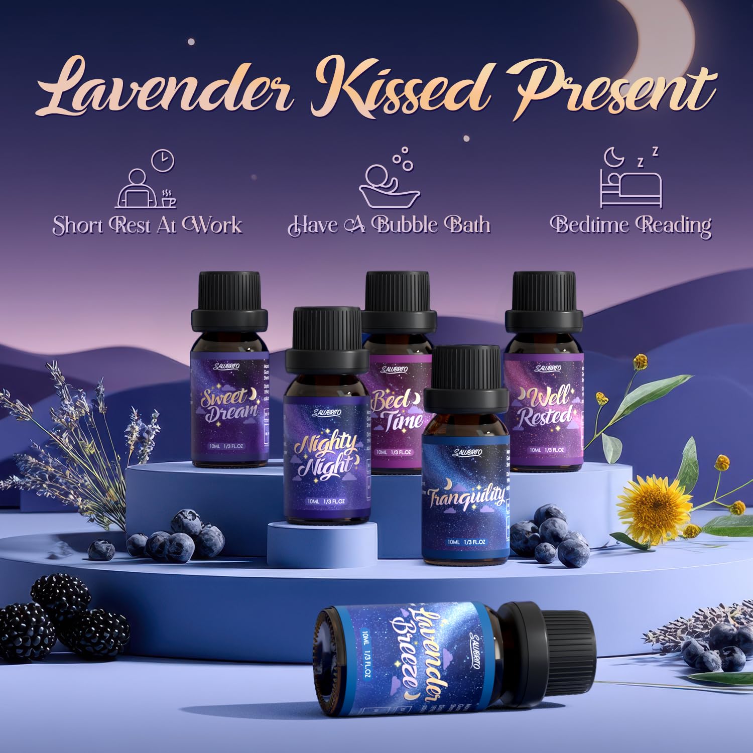 Salubrito Lavender Breeze oil bottle evoking twilight lavender fields for calm spaces.