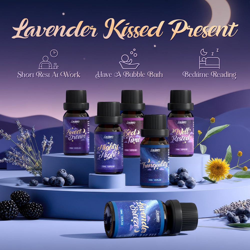 Salubrito Lavender Breeze oil bottle evoking twilight lavender fields for calm spaces.