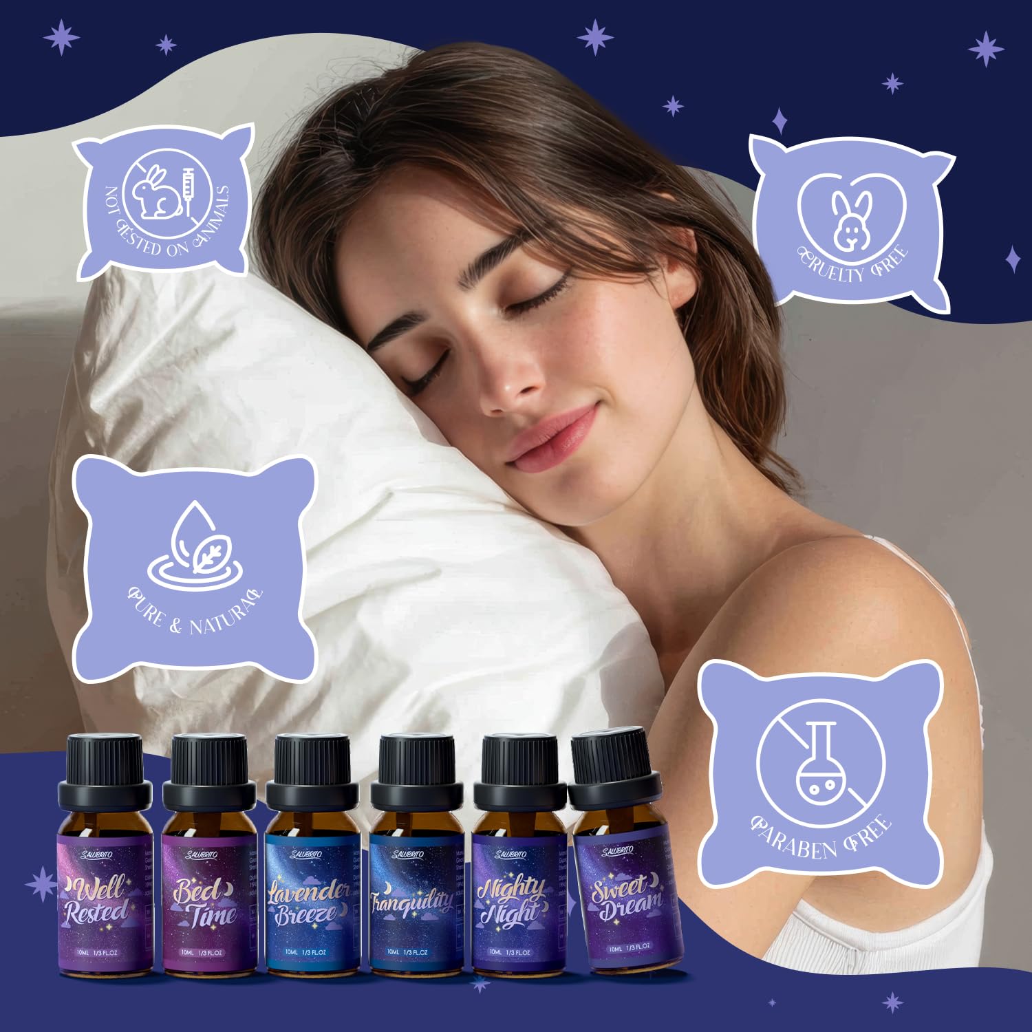 Salubrito Nighty Night oil bottle ideal for calm evening rituals and diffuse aroma.