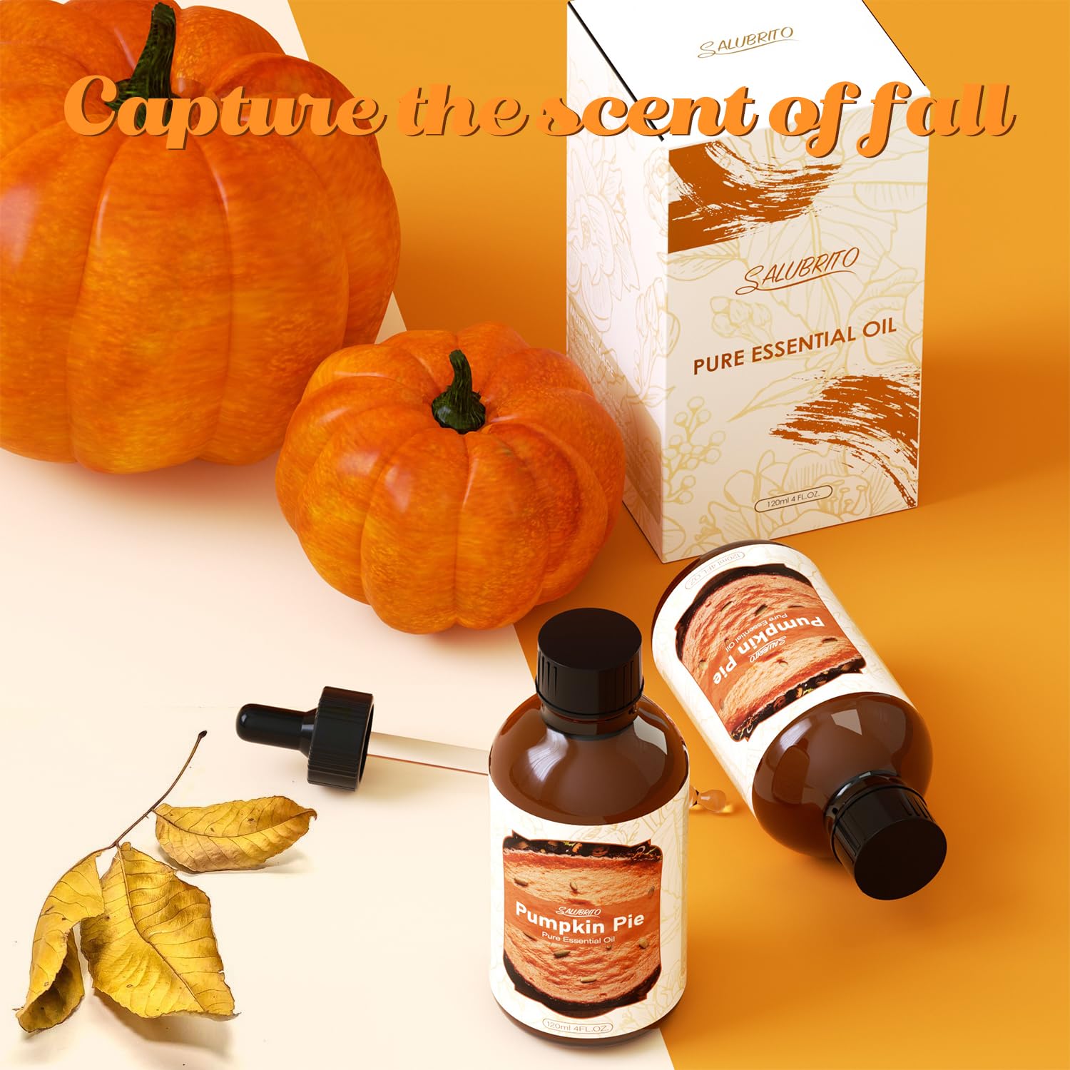 Gift-ready Salubrito Pumpkin Pie oil with elegant gold packaging for fall.