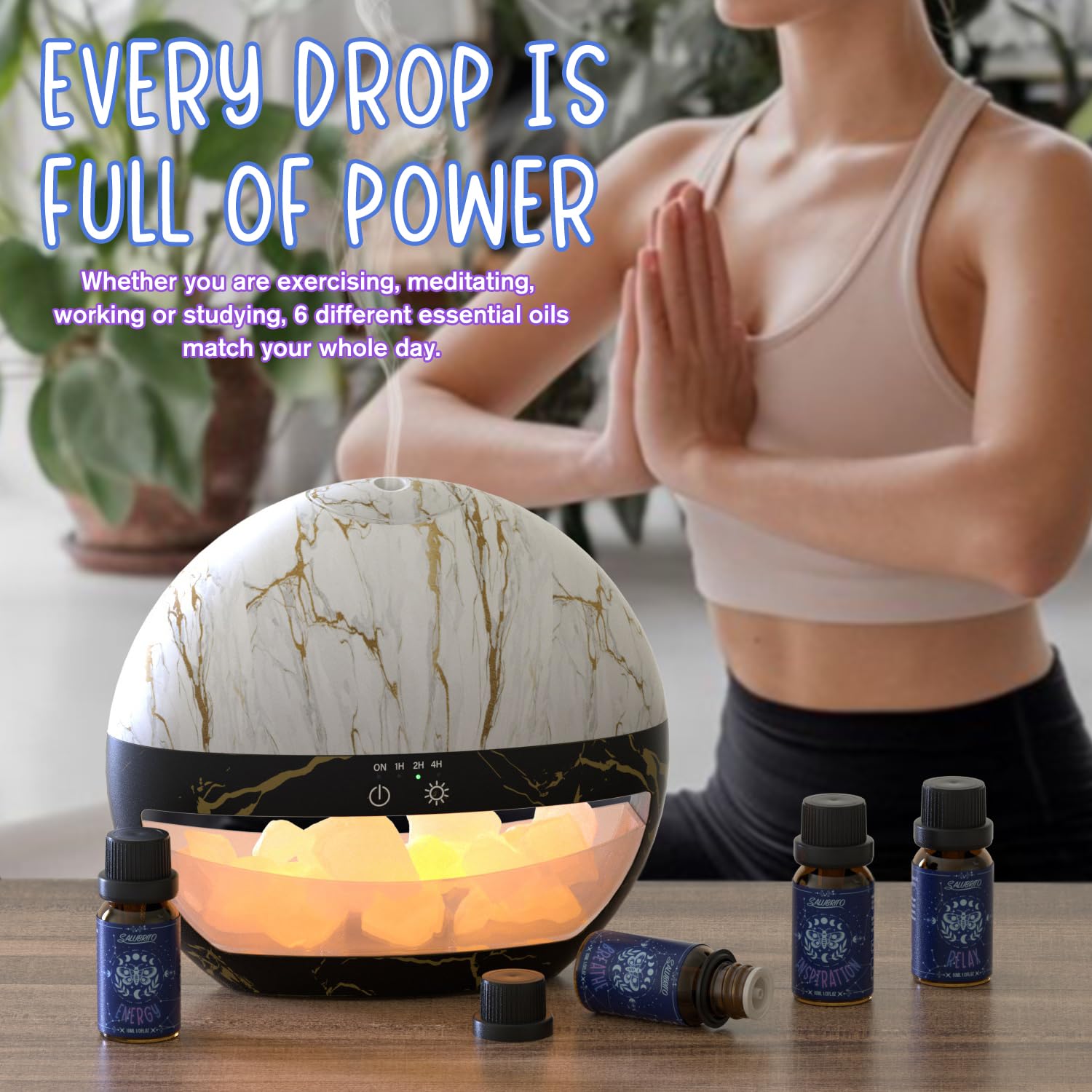 Relax oil bottle beside candles and bath salts for cozy evenings