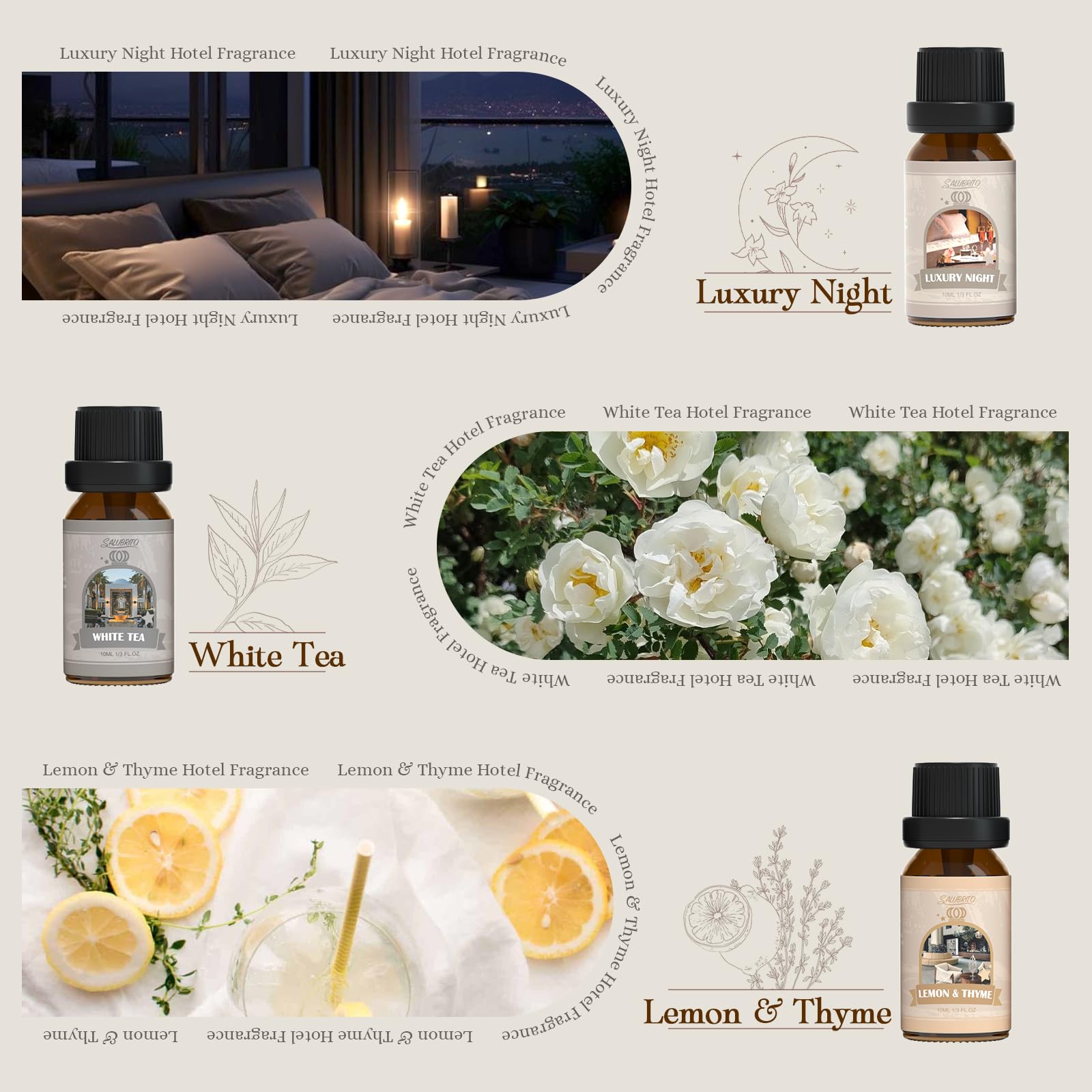 Salubrito White Tea fragrance bottle promotes calm, sophisticated spaces.