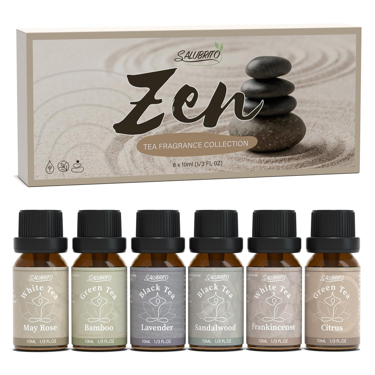 Salubrito Zen fragrance set white tea rose bottle for diffuser and spa rituals
