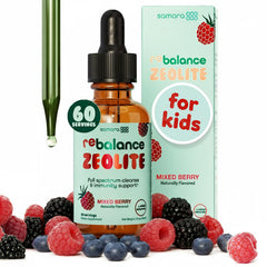 Samara 888 Zeolite Detox for Kids bottle with mixed berry flavor supports daily cleansing.