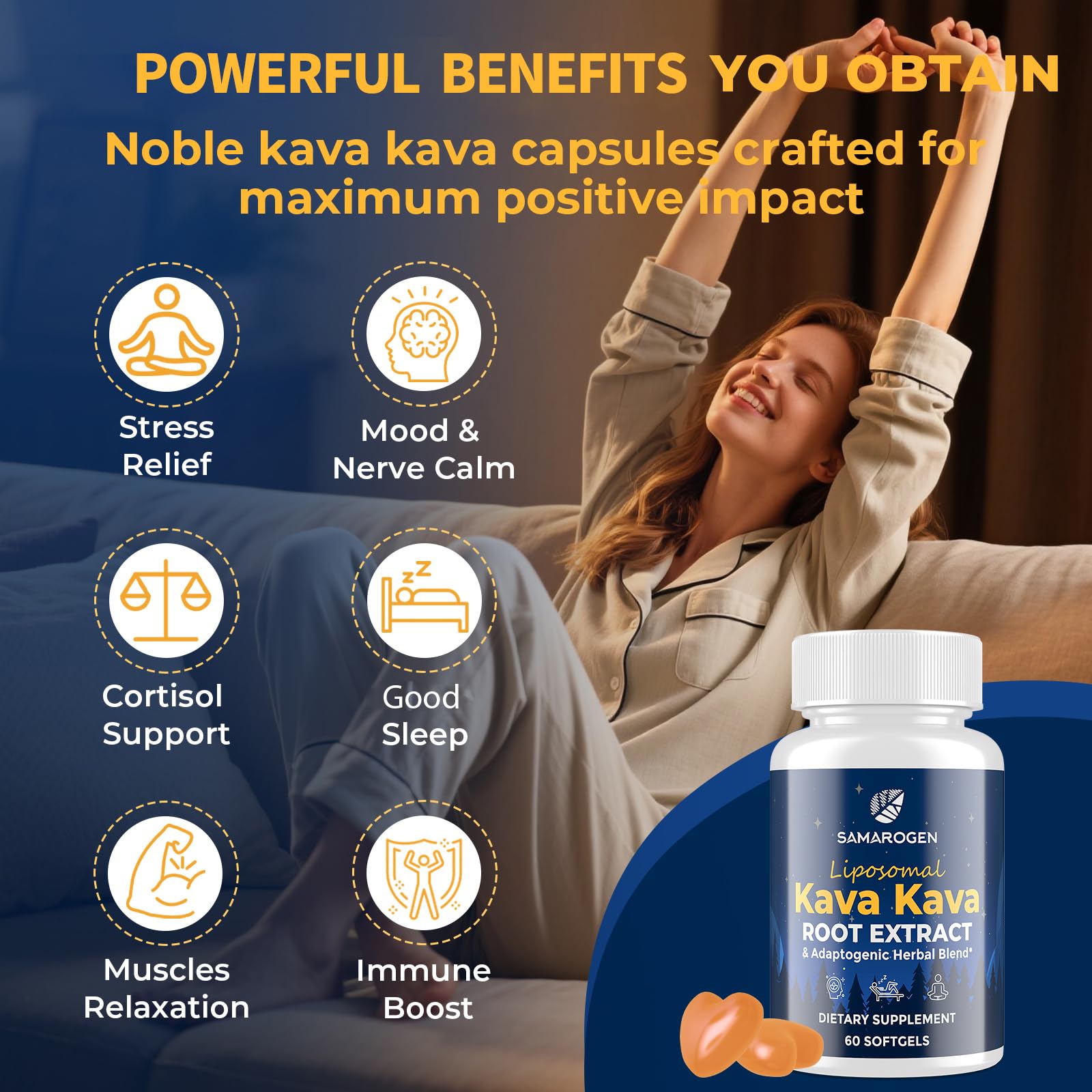 Samarogen Kava Kava Capsules label highlights 55% kavalactones and liposome delivery.