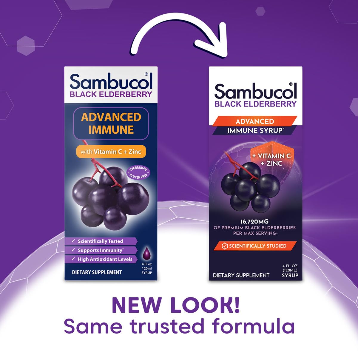 Sambucol Advanced Black Elderberry Syrup bottle closeup highlights premium elderberry extract for immune support.