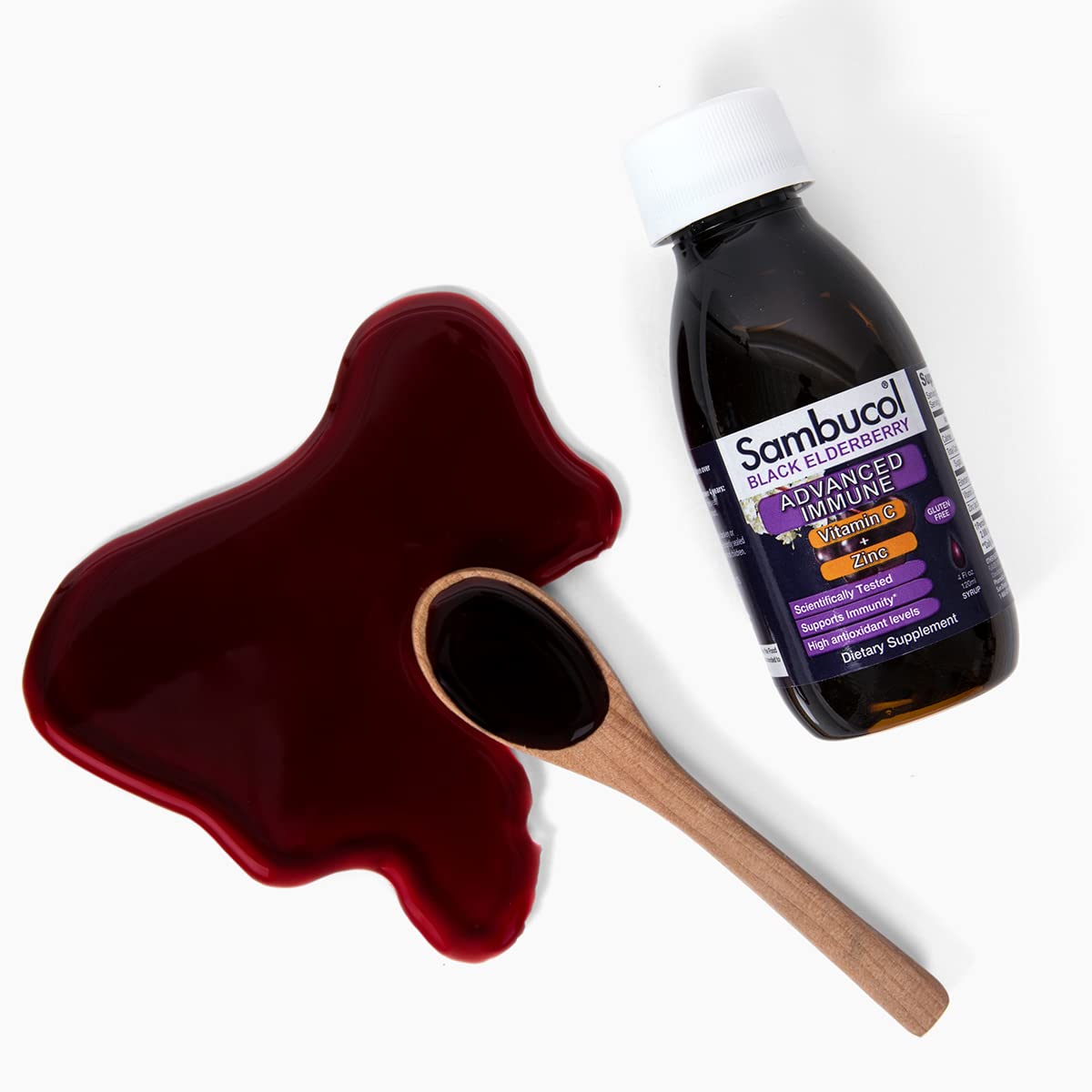 Sambucol Advanced Black Elderberry Syrup daily-use emphasizes convenient routine immunity support.