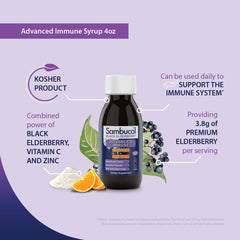 Sambucol Advanced Black Elderberry Syrup glass serve shows a rich, dark syrup ideal for daily routines.