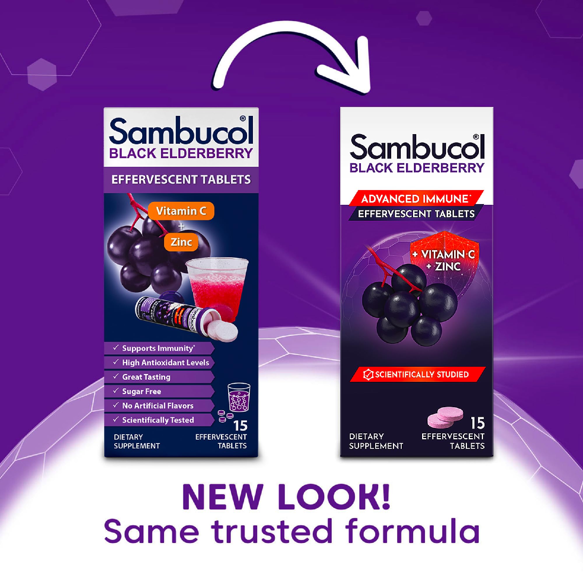 Sambucol black elderberry tablet close-up highlighting premium elderberry content