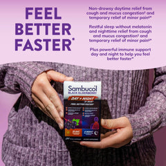 Sambucol Day & Night Relief packaging view emphasizing elderberry heritage