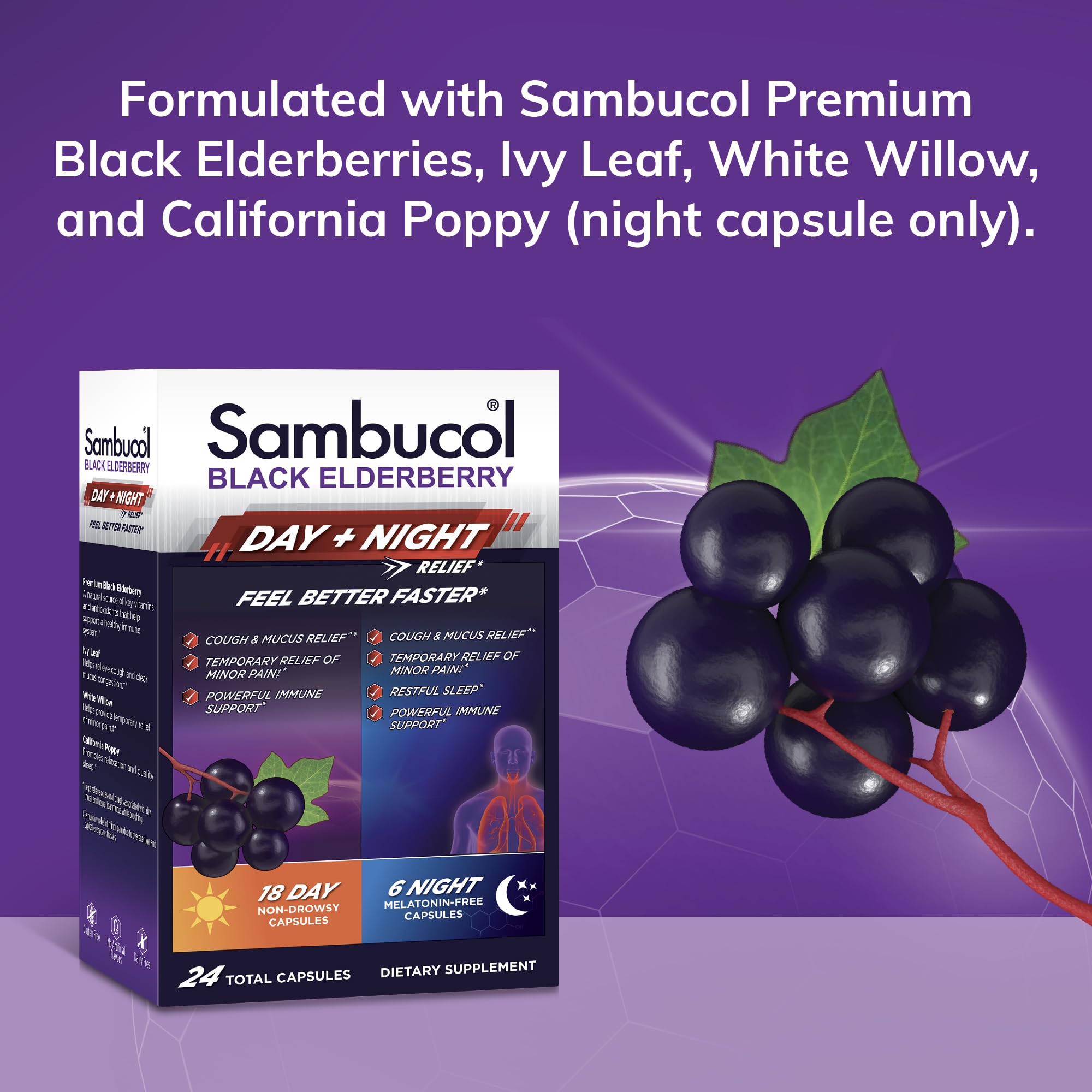 Sambucol elderberry extract label on bottle highlights decades of quality