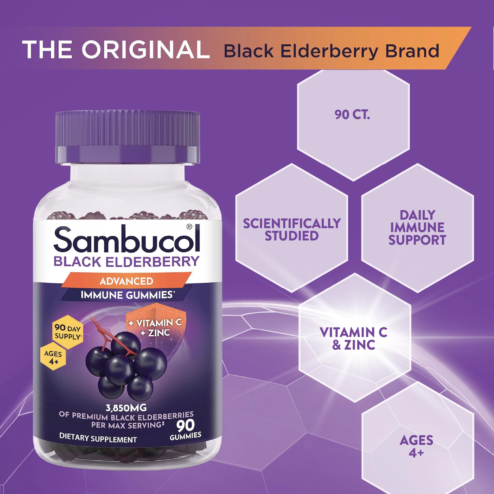 Vegan gluten-free icons beside Sambucol elderberry gummies