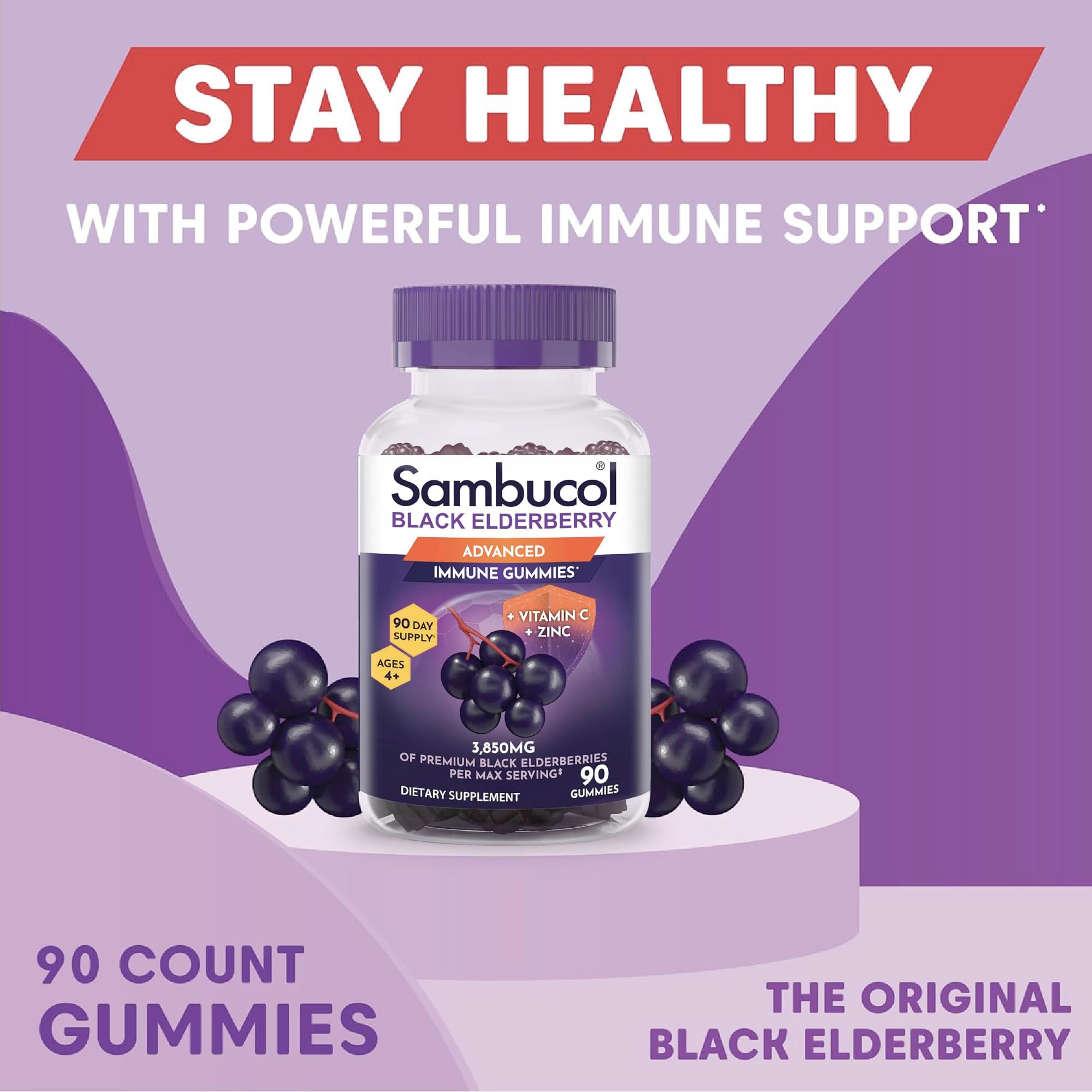 Vitamin C and zinc icons with Sambucol elderberry gummies for daily wellness