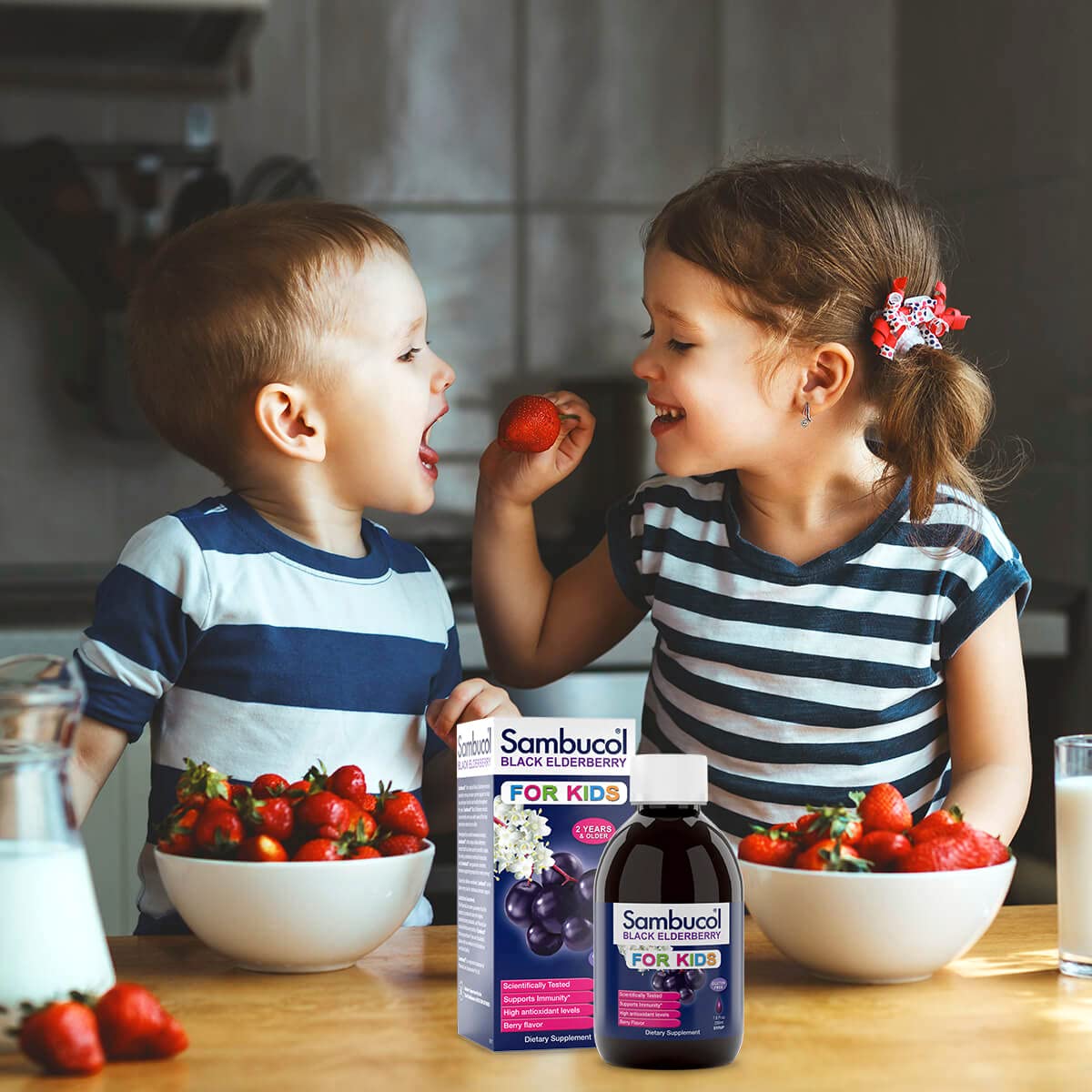 Sambucol packaging display highlights gluten-free and vegan-friendly formula