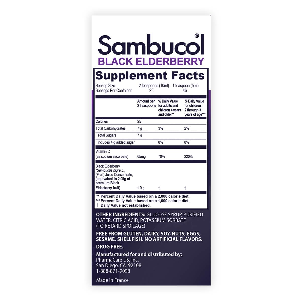 Sambucol bottle beside vitamin C imagery underscores daily immune support
