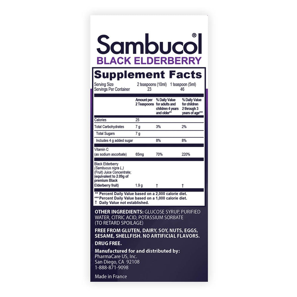 Sambucol bottle beside vitamin C imagery underscores daily immune support