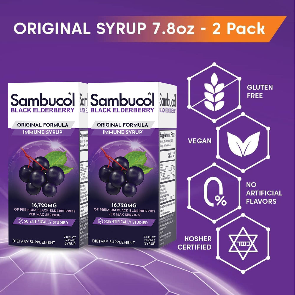 Kids-friendly Sambucol bottle with bright label highlighting gluten-free and dairy-free