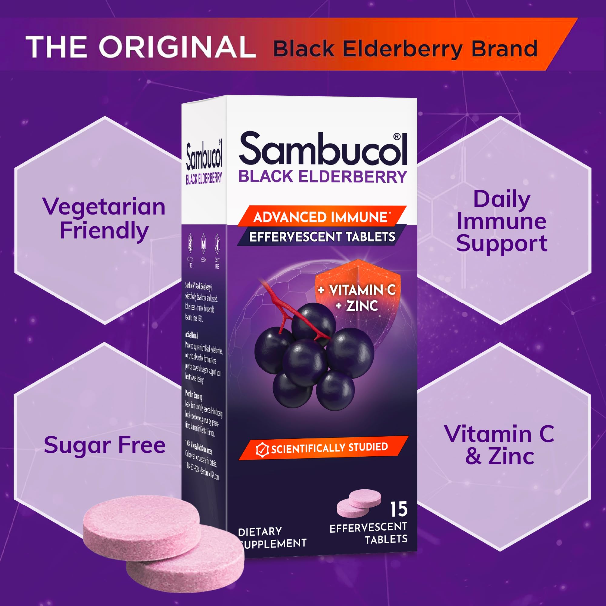 Sambucol packaging showing immune-support benefits and convenient daily use
