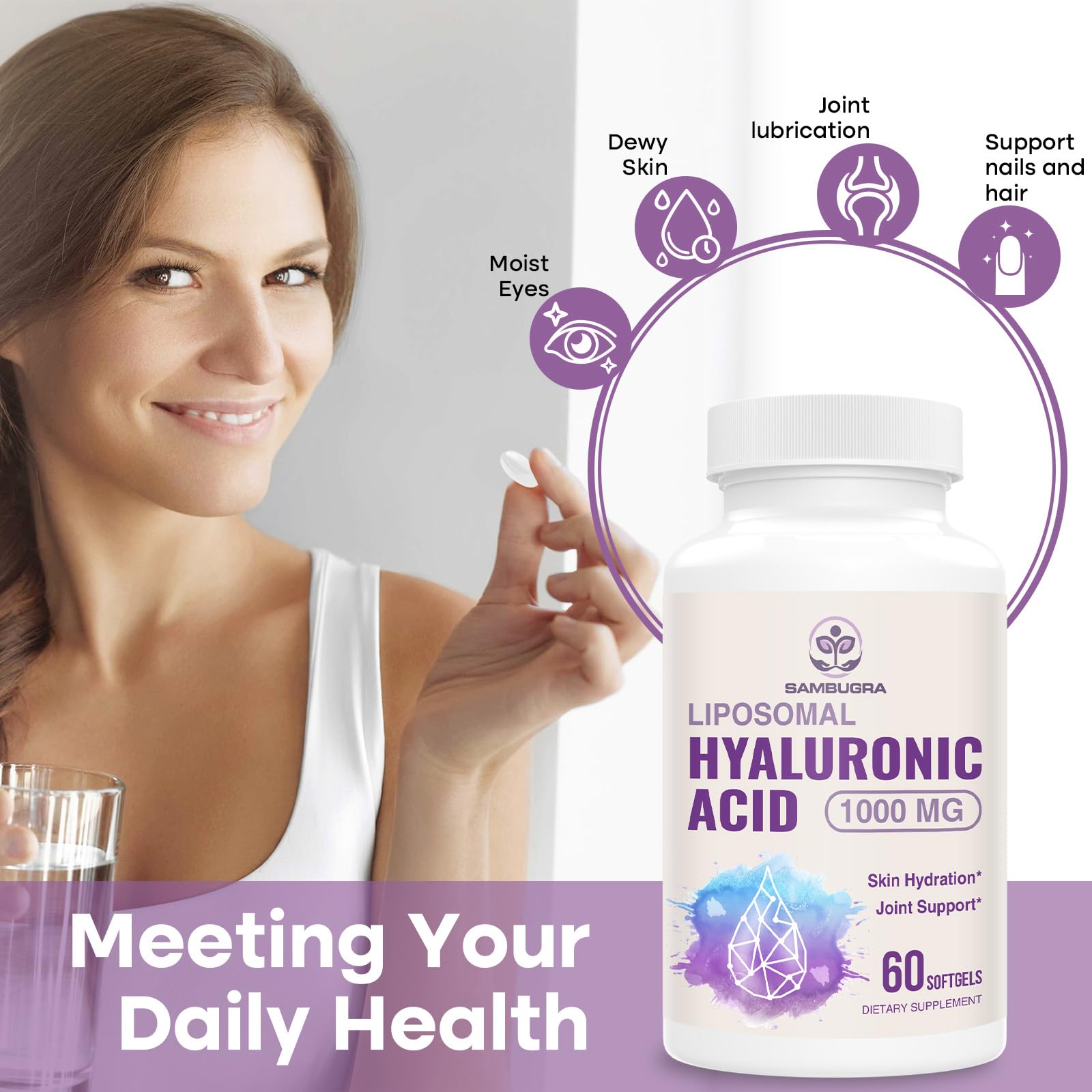 Sambugra liposomal hyaluronic acid bottle front displaying packaging and dosage clarity.
