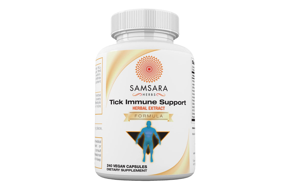 Samsara Tick Immune Support bottle showing a potent herbal blend for ongoing wellness.