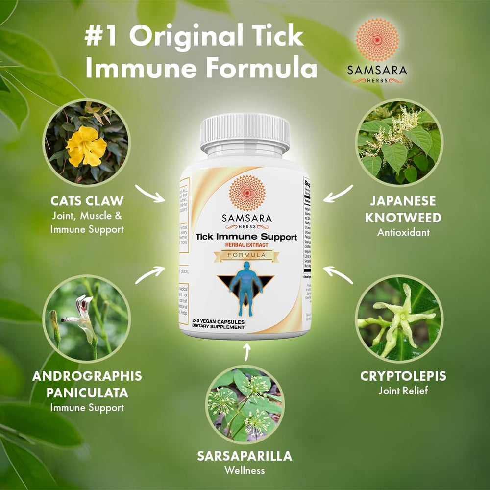 Closeup of Samsara Tick Immune capsules for daily use and potency.