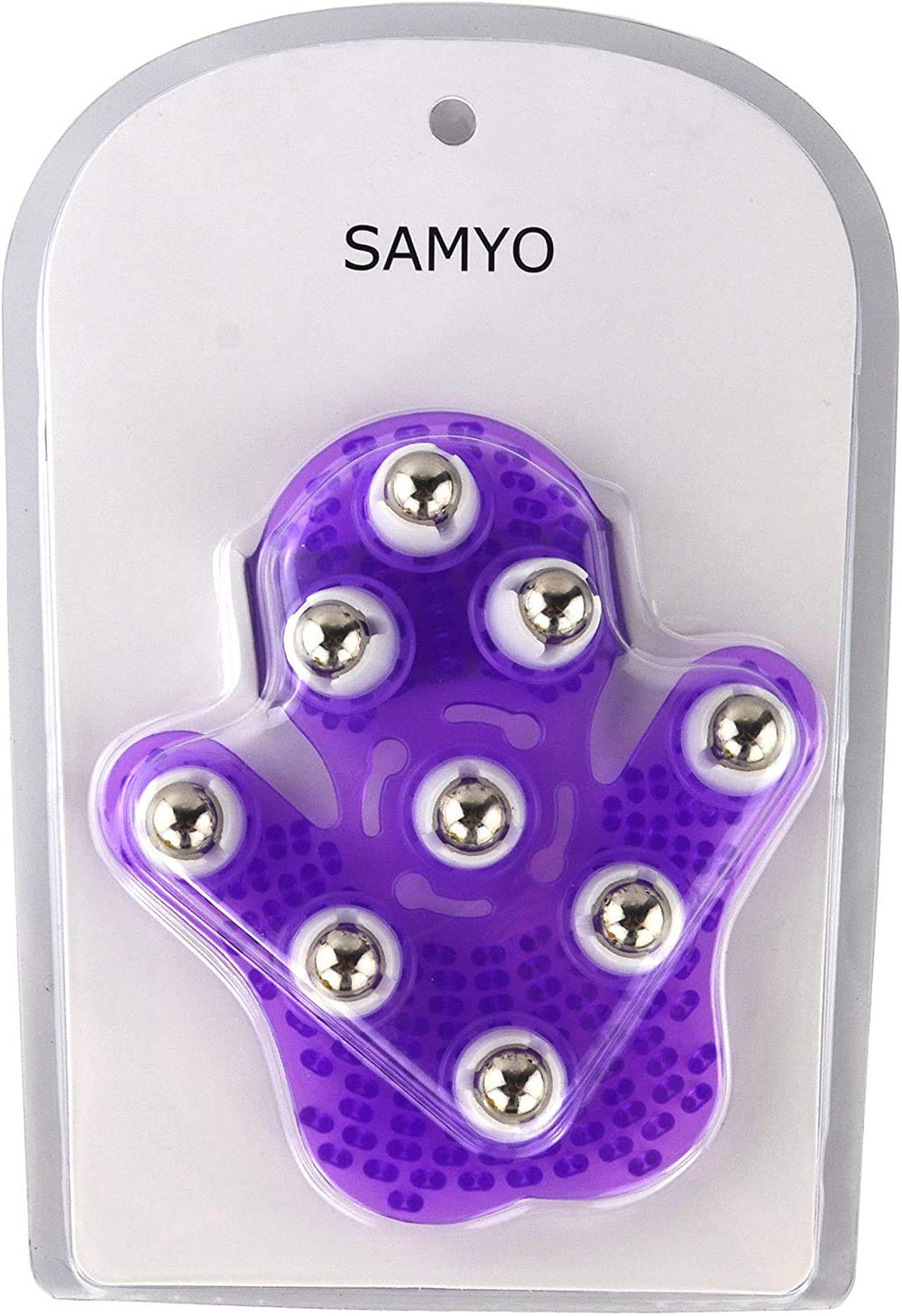 SAMYO palm-shaped massage glove purple color delivers spa-like massage at home.