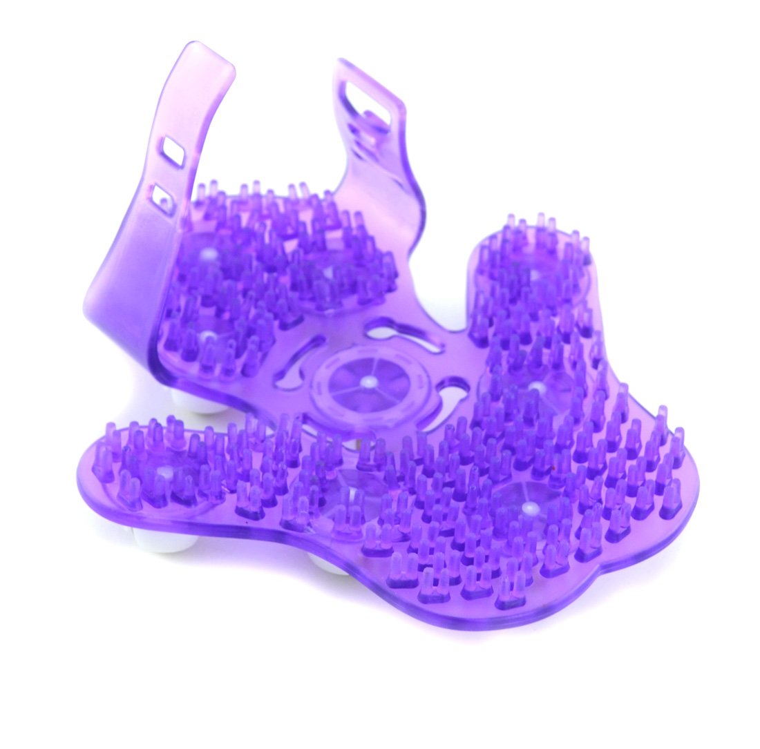 SAMYO palm-shaped massage glove shows soft PVC back for comfortable bath or shower use.