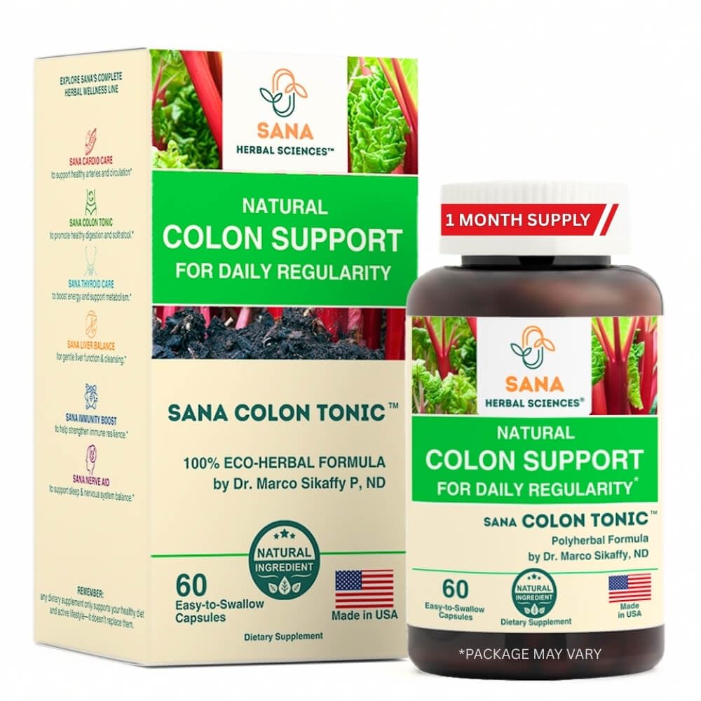 Sana Herbal Sciences natural stool softener bottle promoting overnight digestion support