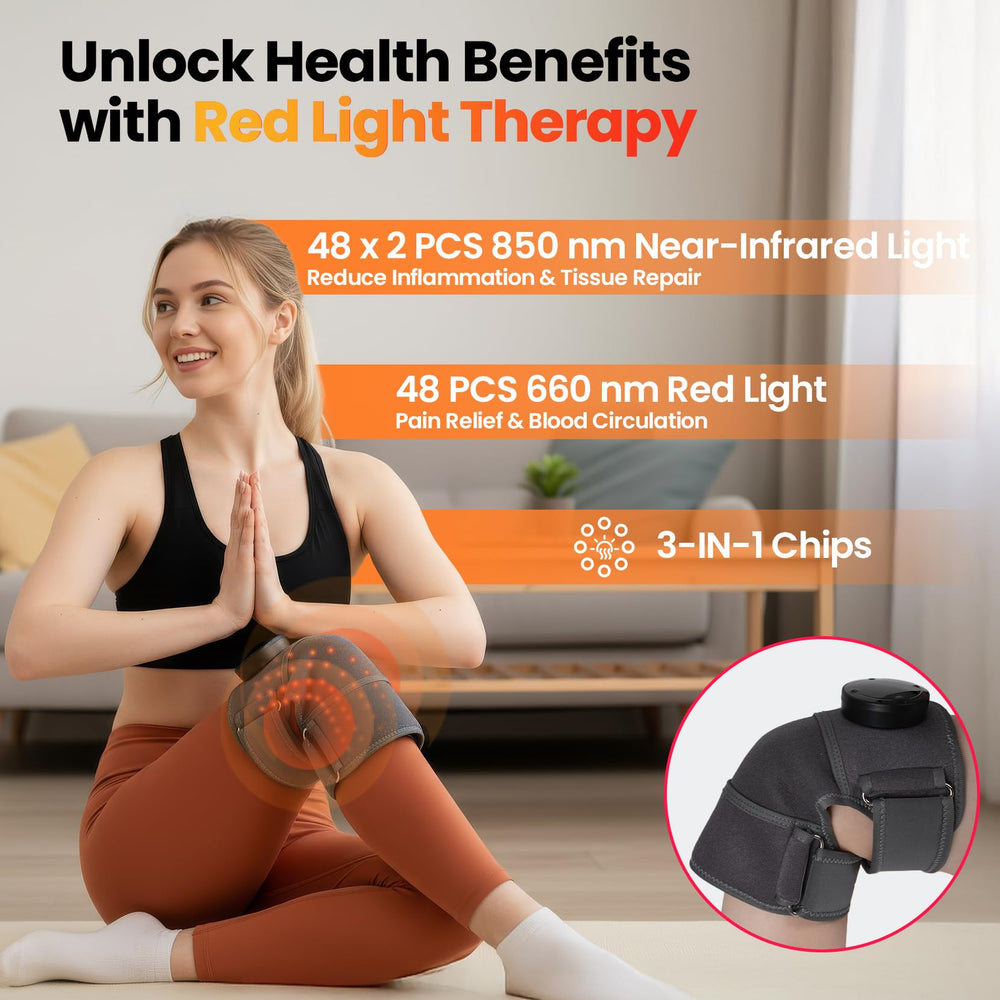 SanaTech knee brace infrared heat glow highlighting gentle warmth during use.