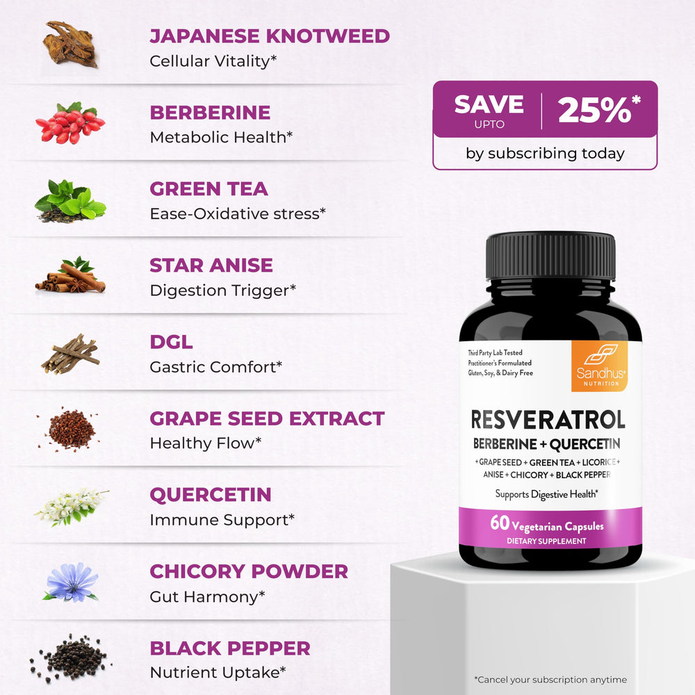 Sandhu's Resveratrol with Berberine bottle showcasing antioxidant blend for immune and circulatory support.