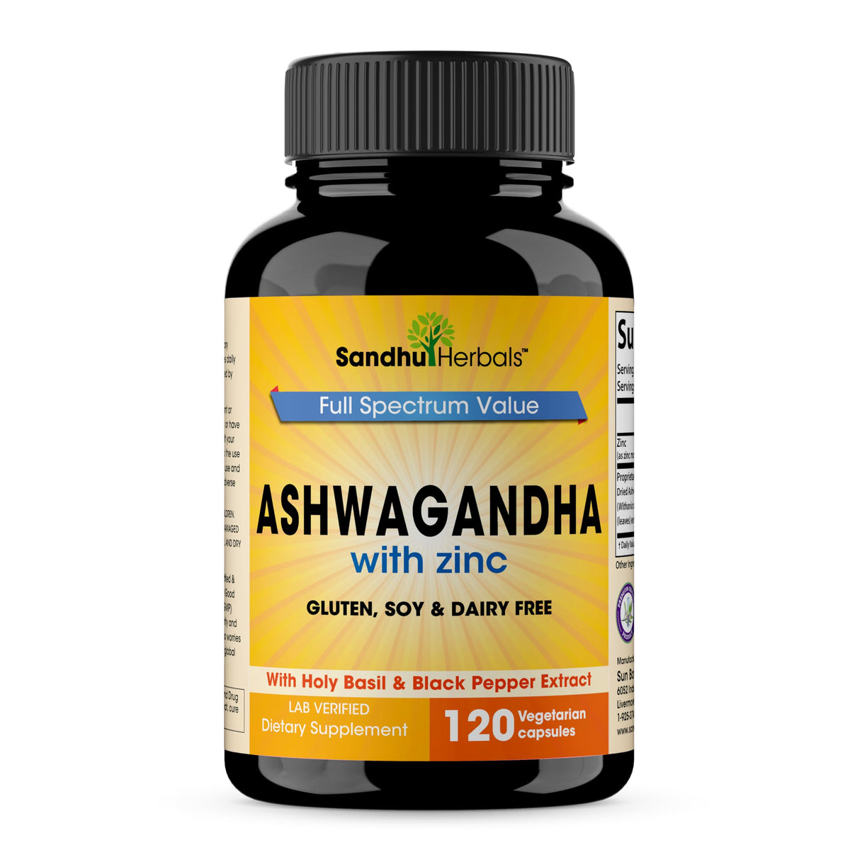 SANDHUHERBALS Ashwagandha capsules bottle shown for daily wellness support
