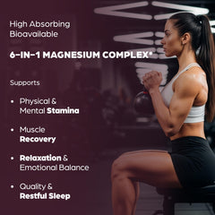 Close-up of SandhuHerbals Complete Magnesium Complex capsules highlighting bioavailable forms