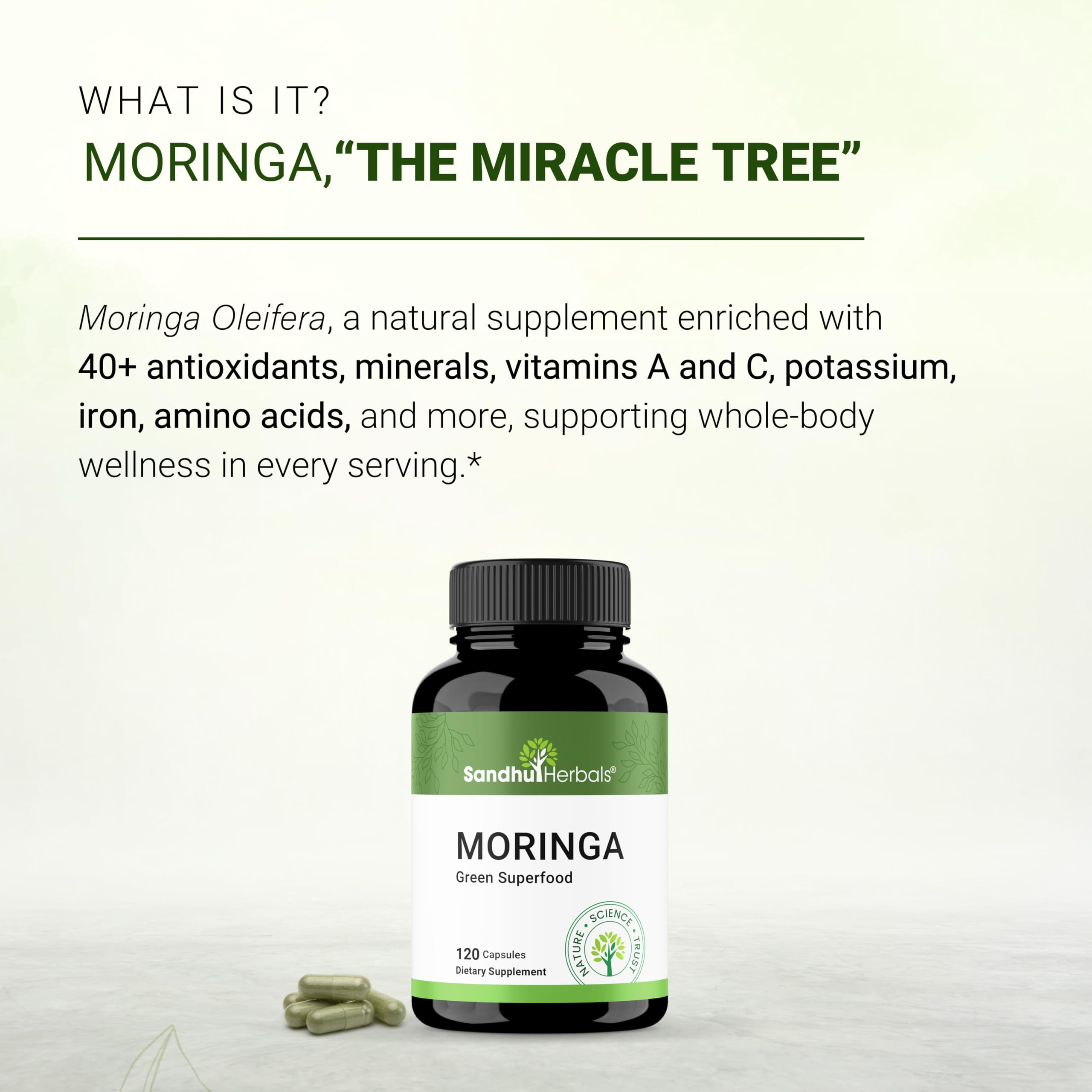 Sandhu Herbals Moringa bottle side view for on-the-go use.
