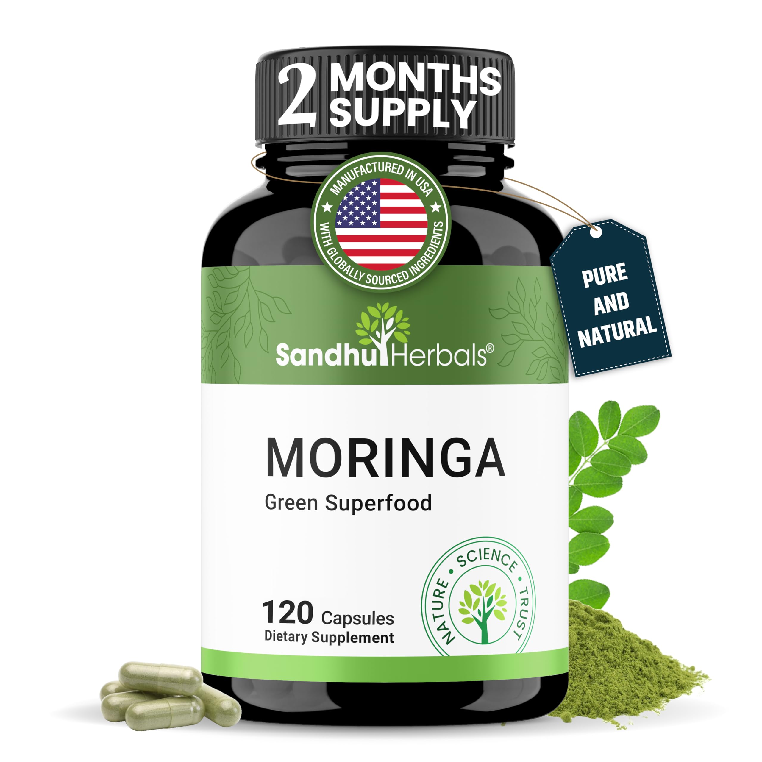 Sandhu Herbals Moringa capsules front bottle view for daily immune support.
