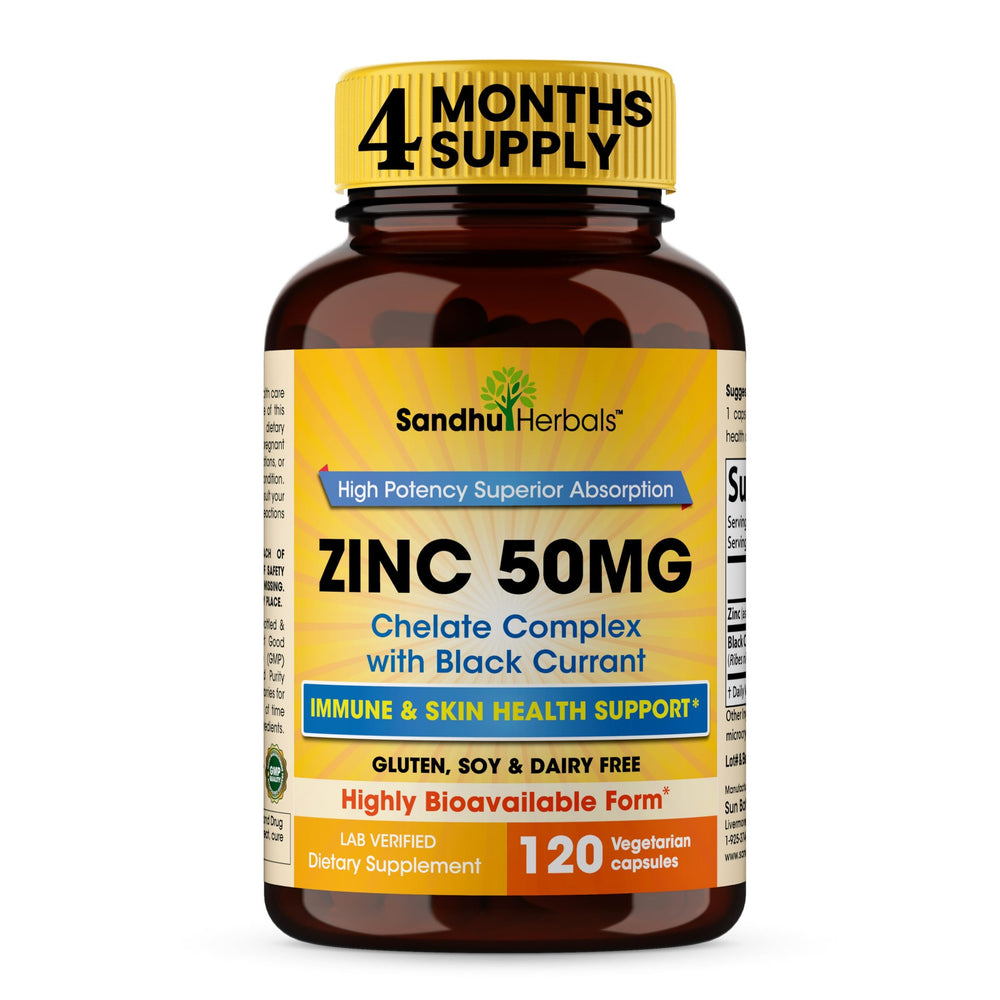 Sandhu Herbals Zinc 50mg capsules bottle pour for easy daily immune support