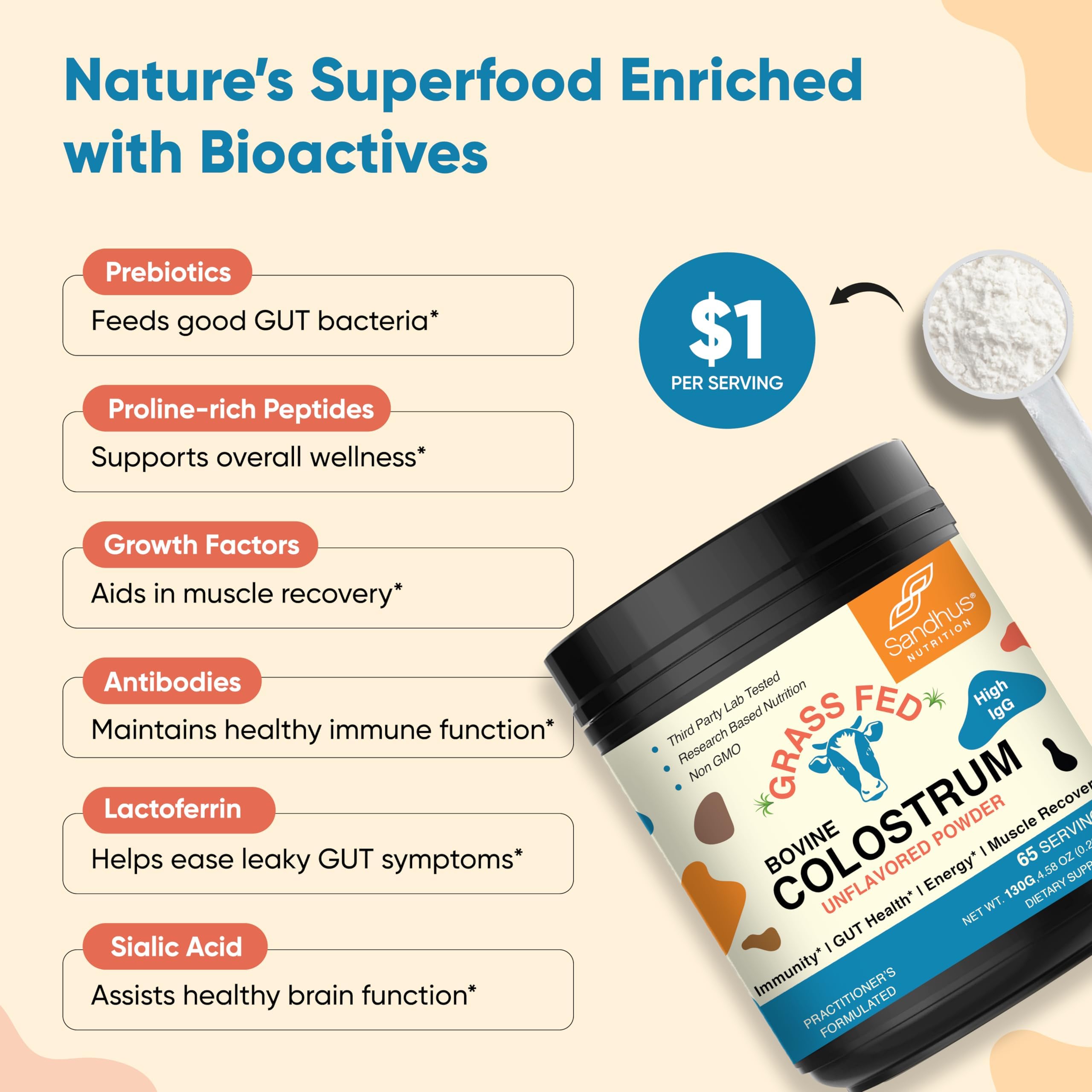 Sandhu's colostrum powder pouring into water for a quick mix