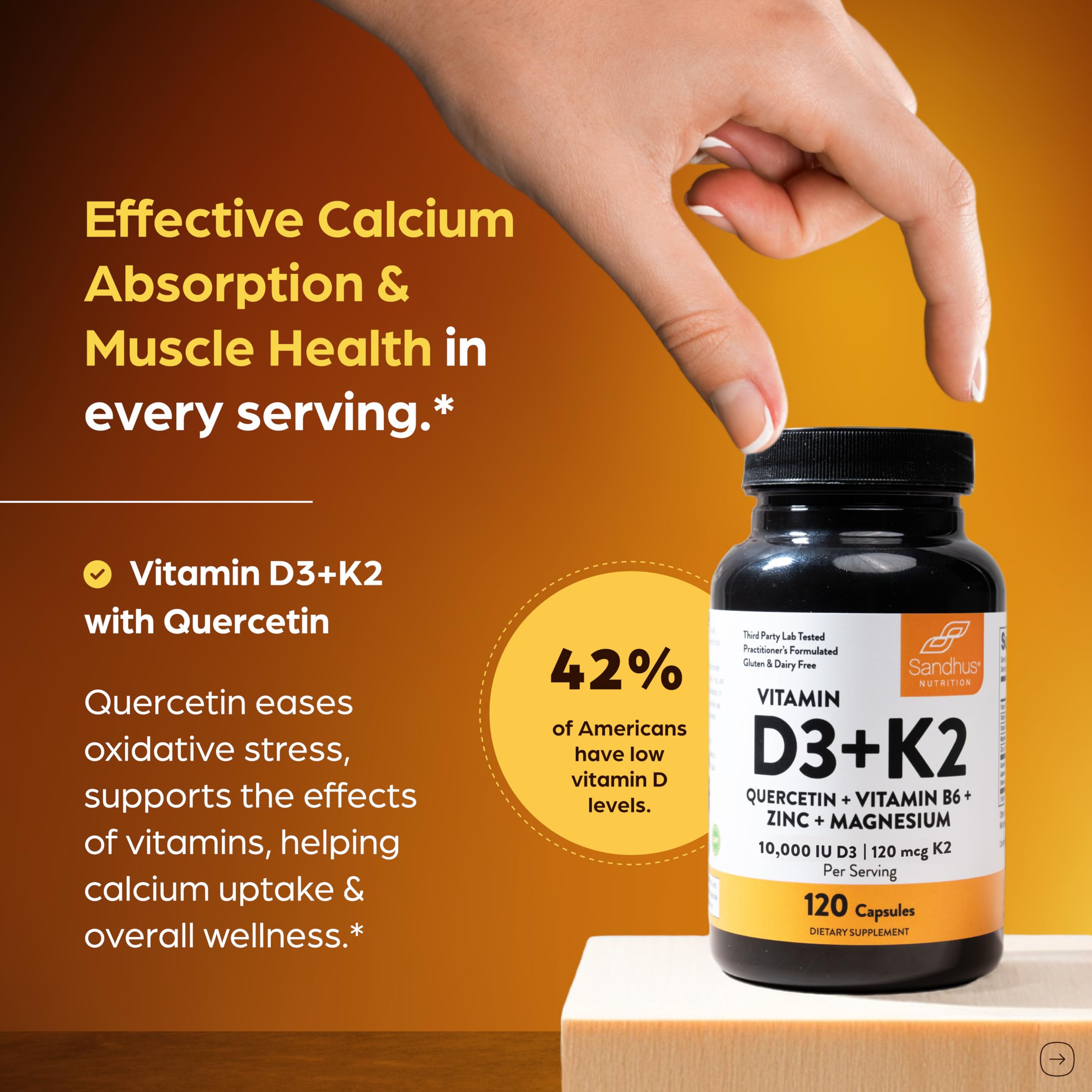 Close-up of Sandhu's D3K2 capsules showing easy swallowing