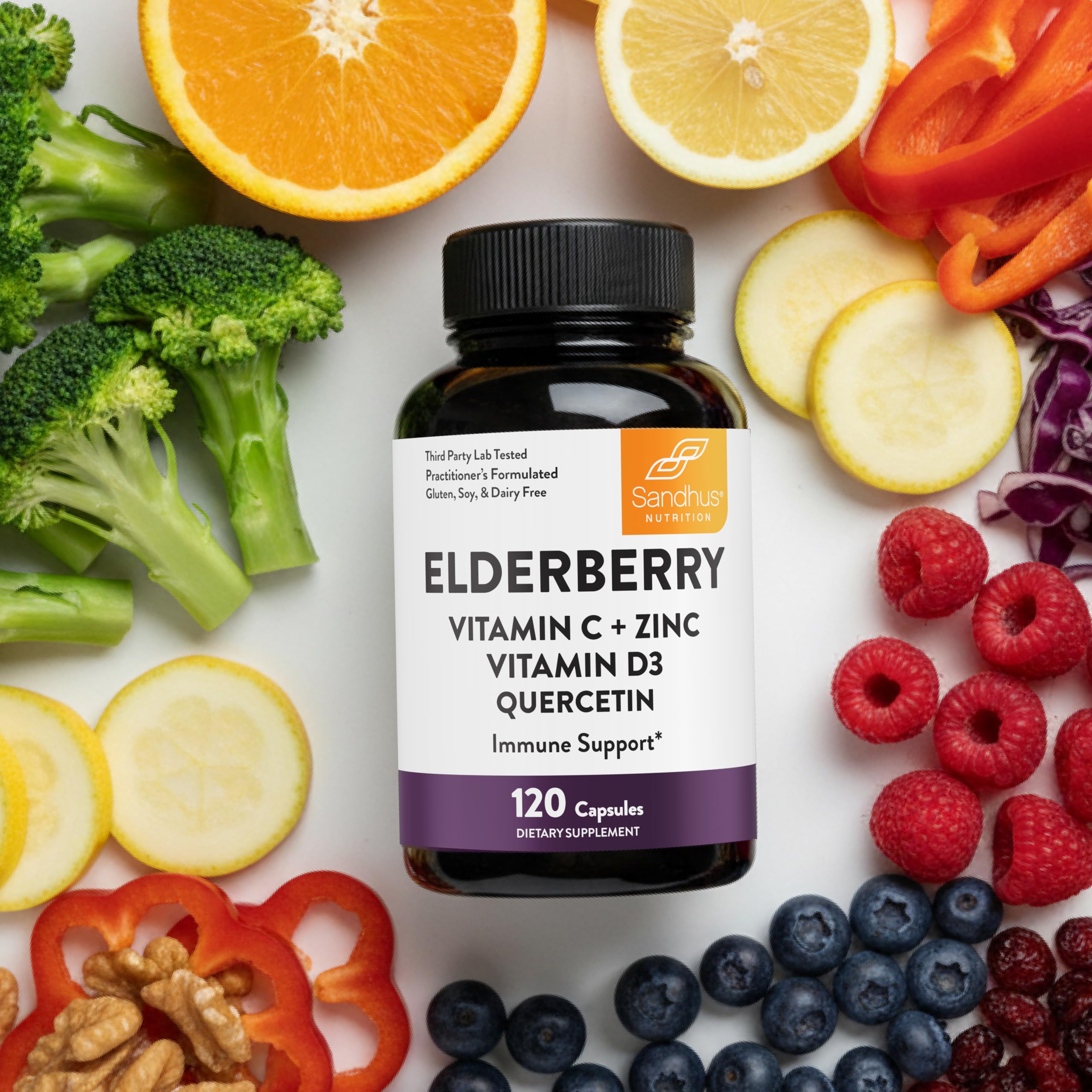 Sandhu's elderberry with quercetin visual emphasizing vitamin blend