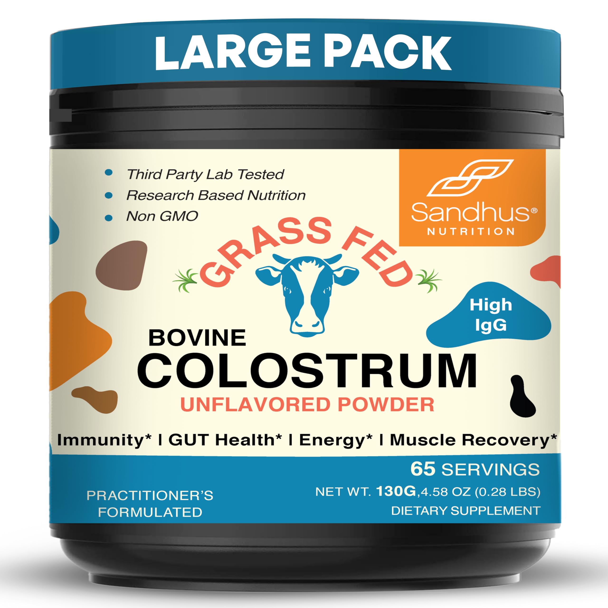 Sandhu's grass-fed colostrum powder bottle showing immune support potential